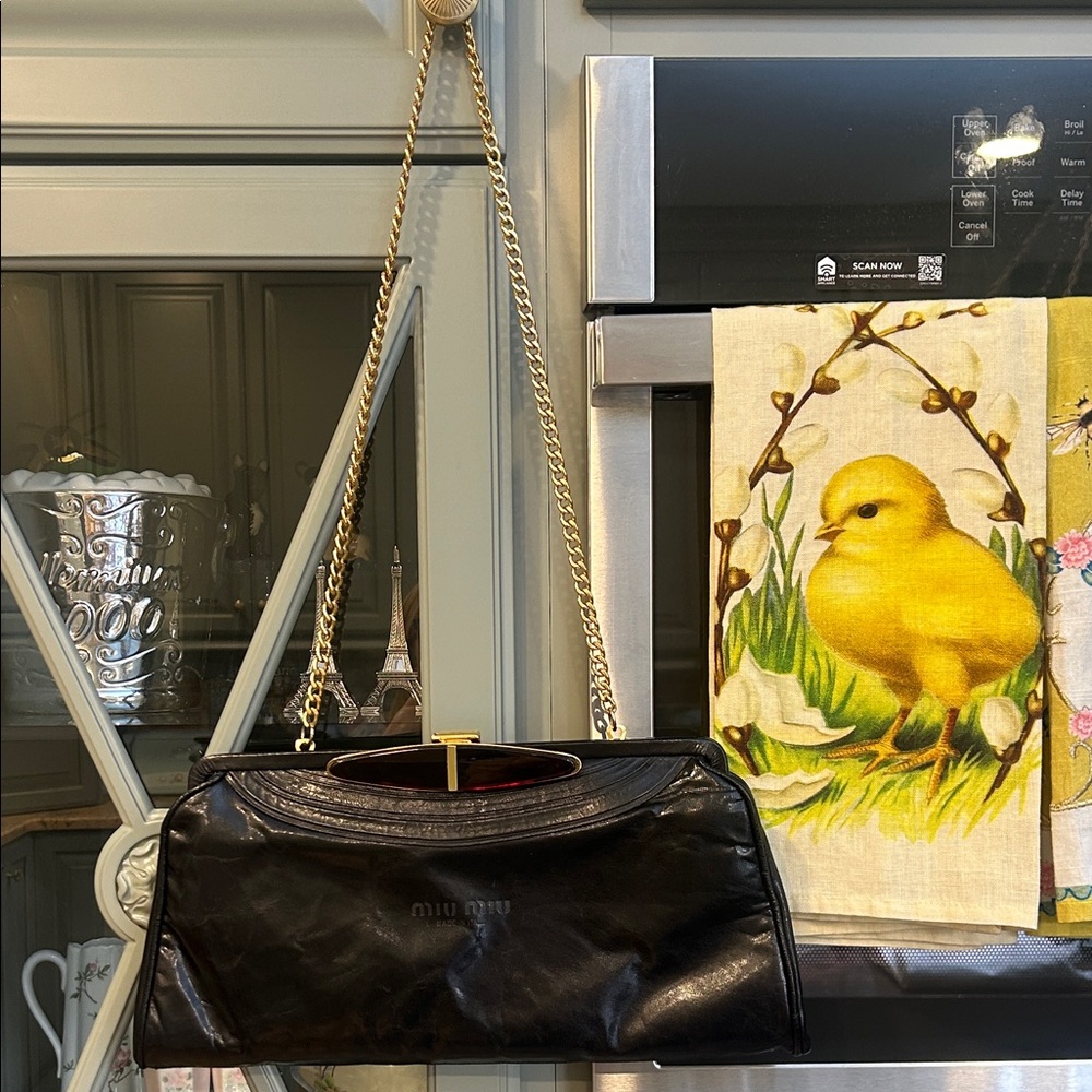 Miu Miu Black Leather Shoulder Bag with Gold Chain